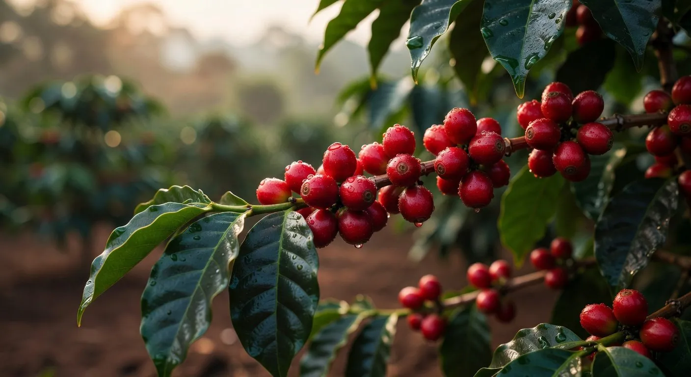 Ripe specialty coffee cherries harvested at Hacienda La Florida in Loja, Ecuador — high-altitude Arabica at 1,600+ masl
